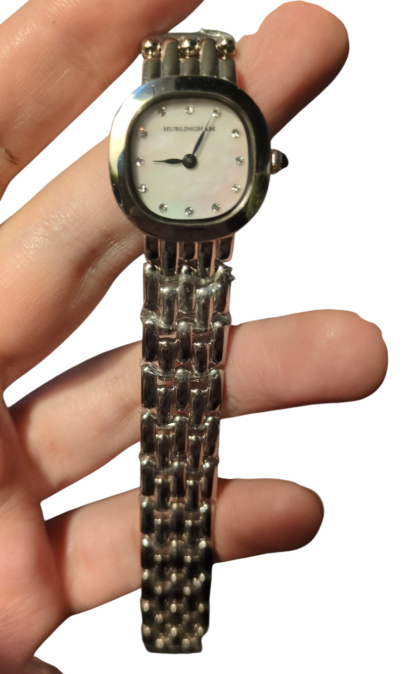 Hurlingham Women's Silver-Tone Oval Bracelet Watch with White Dial and Crystal H